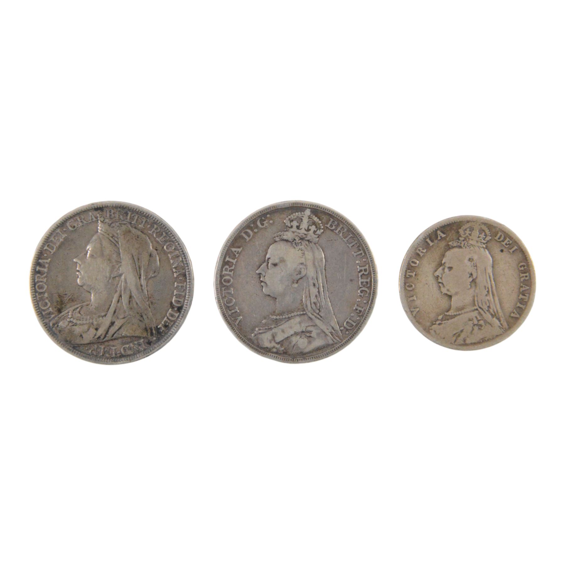 Two Queen Victoria silver one crown coins, 1889 and 1898, and a Queen Victoria 1890 silver half crown coin (3)