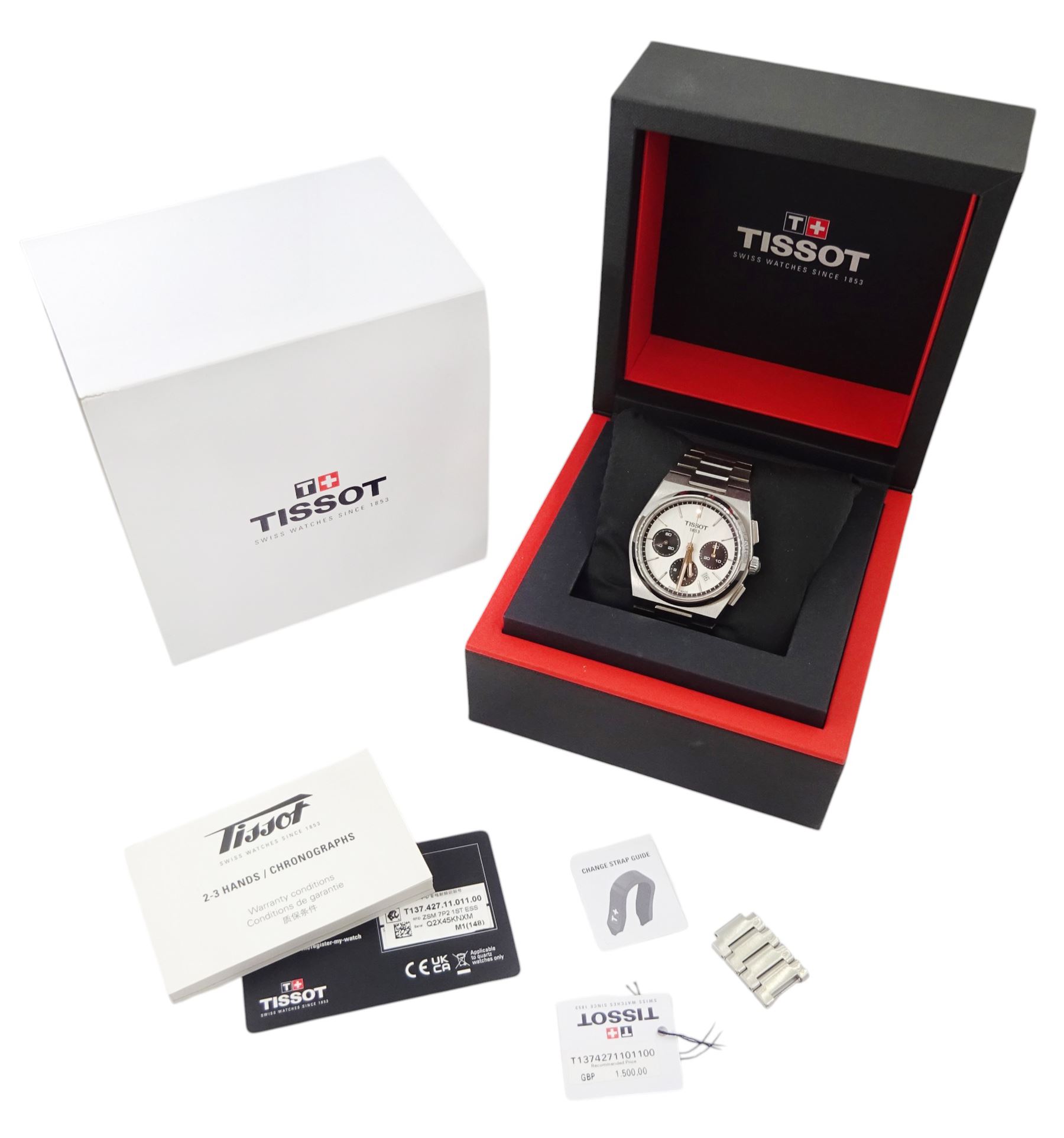 Tissot PRX gentleman's stainless steel automatic chronograph wristwatch, Ref. T137.427.11.011.00, silvered white dial with black subsidiary dials and date aperture, on stainless steel bracelet, boxed with additional links and invoice dated 2022