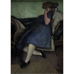 Harold Hope Read (British 1881-1959): 'Interior' - Hilda seated on a Chaise Longue, oil on canvas signed, titled verso 37cm x 27cm
Provenance: with Louise Kosman Modern British Art, Gullane, Edinburgh, label verso; Hilda (no surname is known) was Read's live-in housekeeper, life model and mistress, probably dating to 1923-25,
