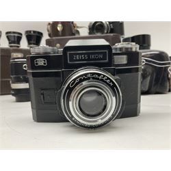 Four Zeiss Ikon camera bodies, to include, Contaflex Super B camera body, serial no. B31591, with 'Carl Zeiss Tessar 2.8/50 lens, serial no.3425553, Contaflex Super BC camera body, serial no. P81728, with 'Carl Zeiss Tessar 2.8/50' lens, serial no 4822280, etc, together with three cased lenses; 'Carl Zeiss Pro-Tessar 1:4 f=115mm' lens, serial no 3734740, 'Carl Zeiss Pr-Tessar 1:3.2 f=85mm' lens, serial no. 3647764 and 'Carl Zeiss Pr-Tessar 1:3.2 f=35mm' lens, and other Zeiss Ikon equipment 