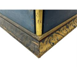 In the manner of William Burges - mid-to-late 19th century English Gothic Revival pine altar or console table, in blue and red paint with water gilding, the moulded rectangular top over six pointed arches with turned column supports, the front carved with a single row of lozenges and incised stylised motifs