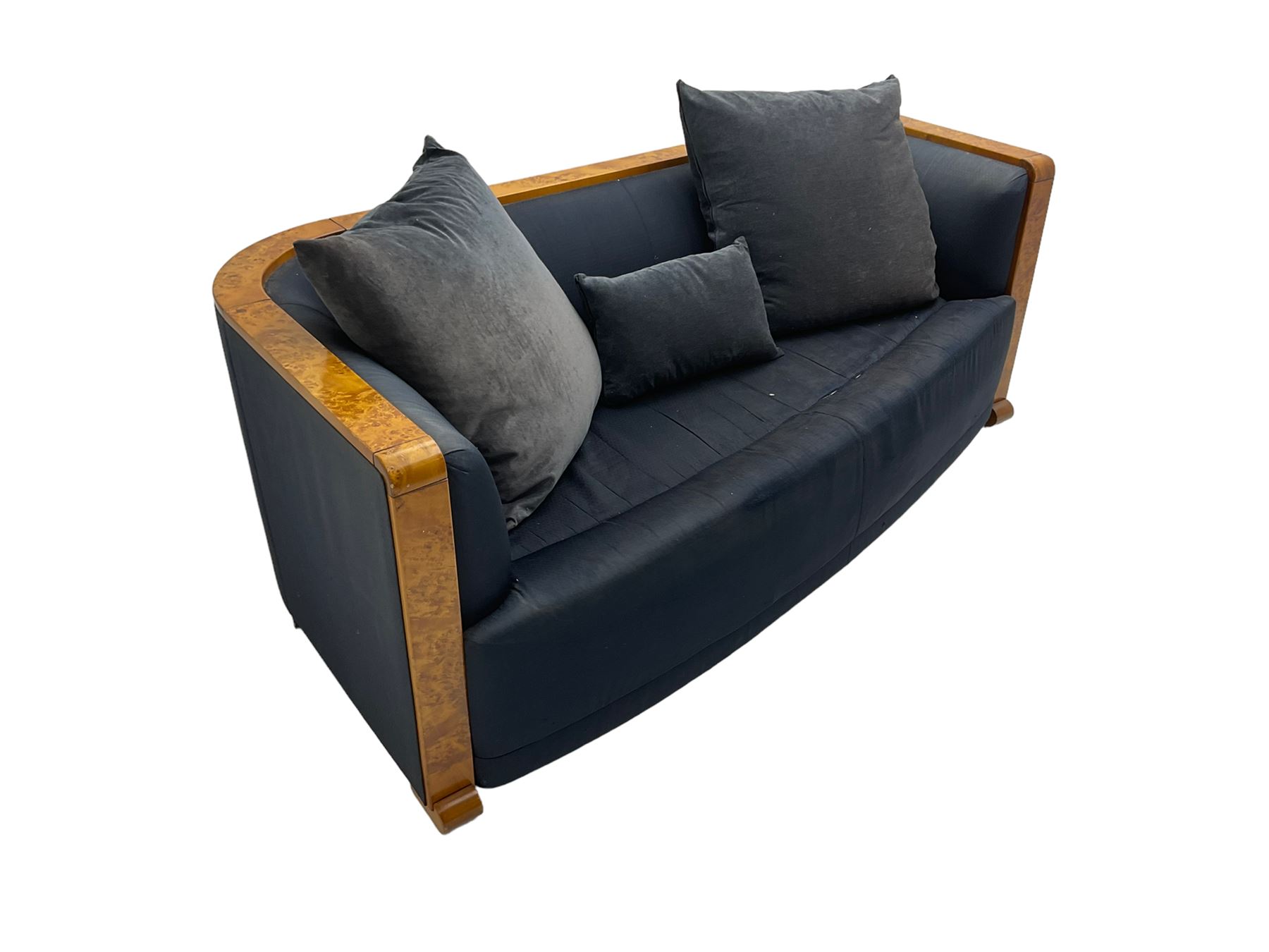 Thörmer Polstermöbel - Art Deco style sofa, of curved tapering form, framed in figured burr elm, upholstered in blue fabric with loose cushions