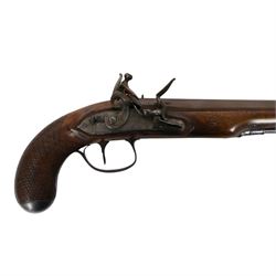 19th century British flintlock pistol by Tatham and Egg, with 21cms Damascus steel sighted barrel with original browning, marked along the top Tatham and Egg London, ramrod beneath, tang and trigger guard engraved with floral scrolls, figured walnut stock with chequered grip and steal butt plate, together with Dixon & Sons Sheffield, three way pistol powder flask, pistol overall L34cm