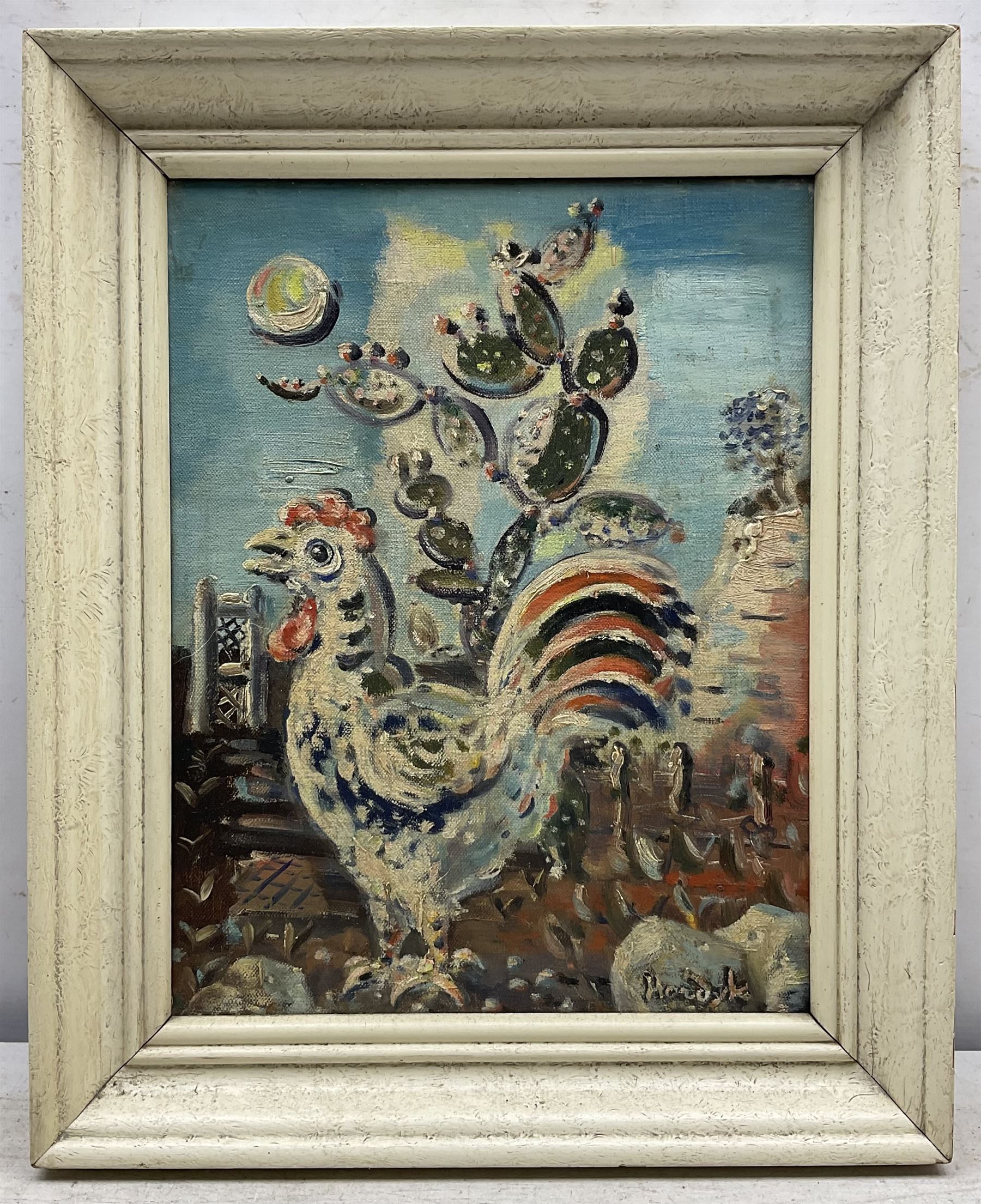 Gerard Hordyk (Dutch 1899-1958): Cockerel before Cacti, oil on canvas signed 34cm x 26cm
