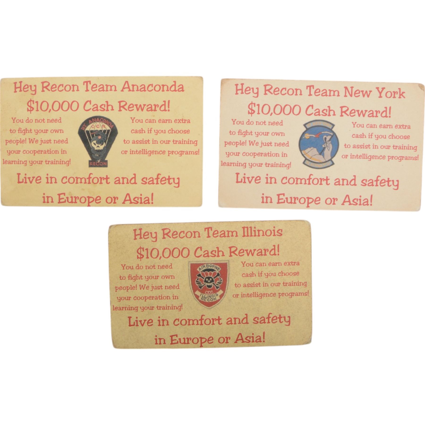 Vietnam War. North, three Vietnamese propaganda money cards, for Recon Teams Illinois, Anaconda and New York, $10,000 Cash Reward, H8cm, L12cm