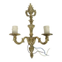Victorian brass candlestick wall sconce, together with pair of brass wall lights and one other 