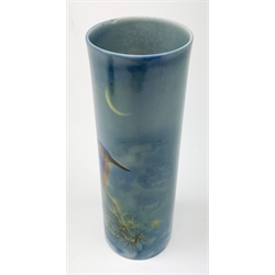 Royal Doulton Titanian Ware vase, painted by Harry Allen, of cylindrical form decorated with a Kingfisher perched upon a branch beneath a crescent moon, signed H. Allen, with printed mark beneath and painted mark 'Kingfisher 2846', H21cm
