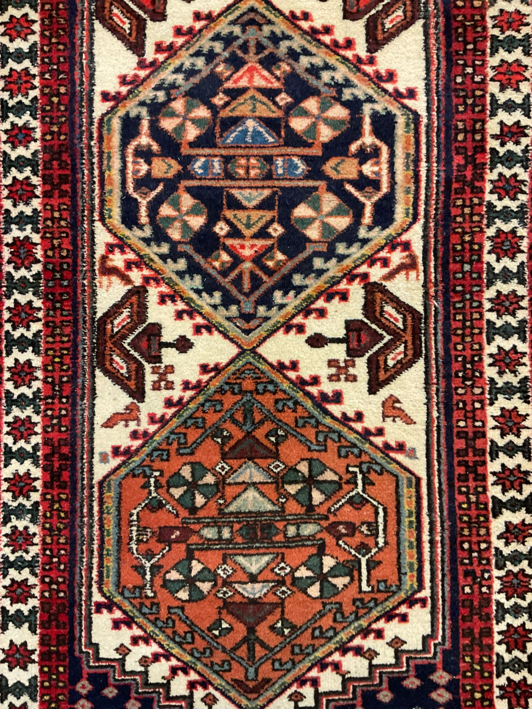 Persian Ardebil runner rug, beige and red ground, diamond centre pattern