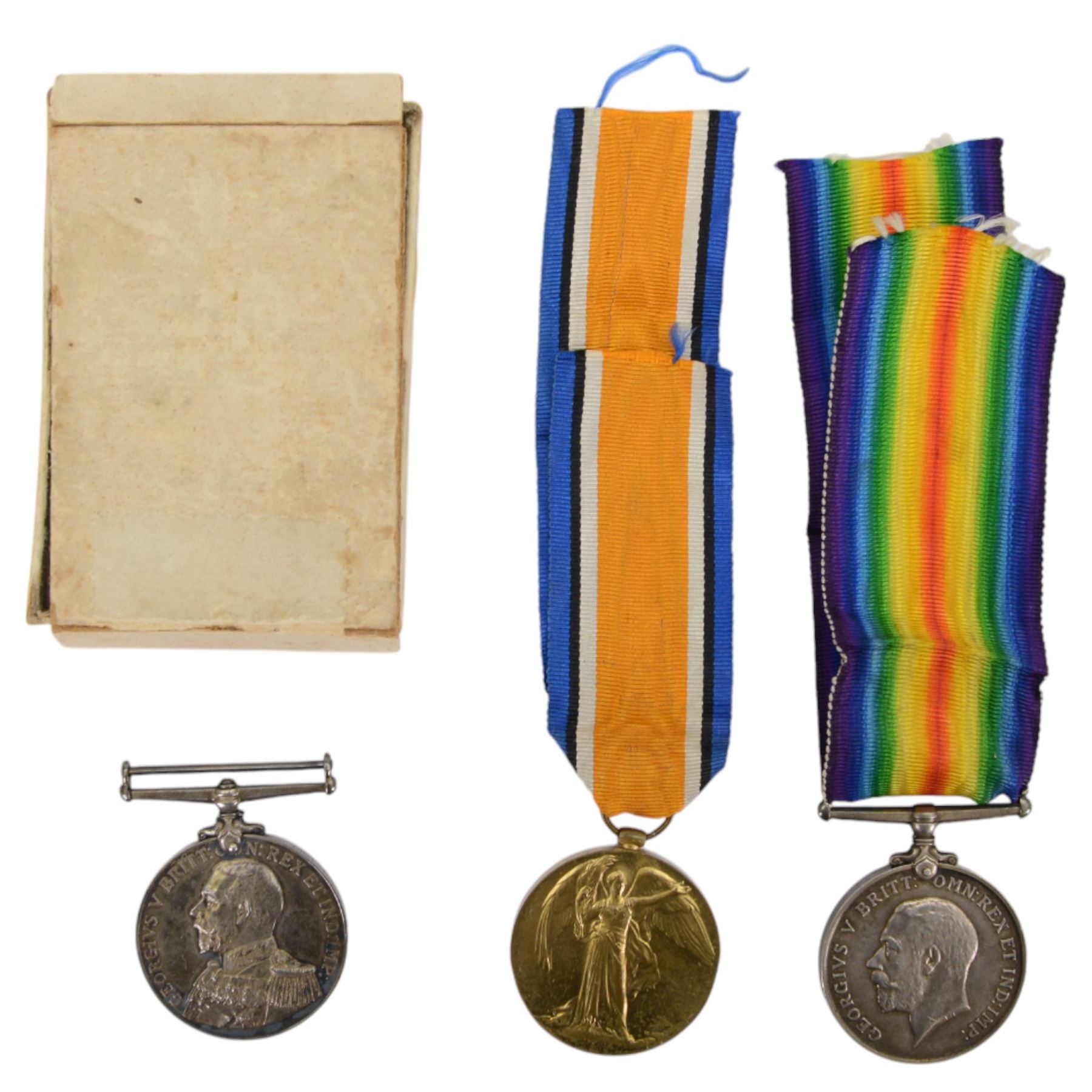 George V Distinguished Service Medal (DSM) awarded to E.S.1694. A.J. Taylor , Eng R.N.R Searanger AUX. Patrol 1917, together with WWI medal pair, British War and Victory medals 47025 CPL. F. Moulson K.O.Y.L.T  