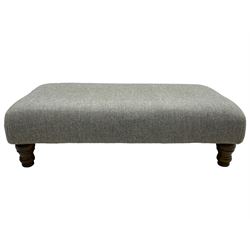 Interiors at Nine to Eleven - traditional rectangular footstool, the padded seat upholstered in neutral grey 'Harris Tweed' fabric, raised on turned feet