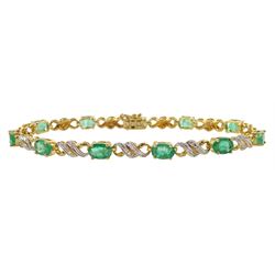 9ct gold oval emerald and diamond chip bracelet, stamped 375