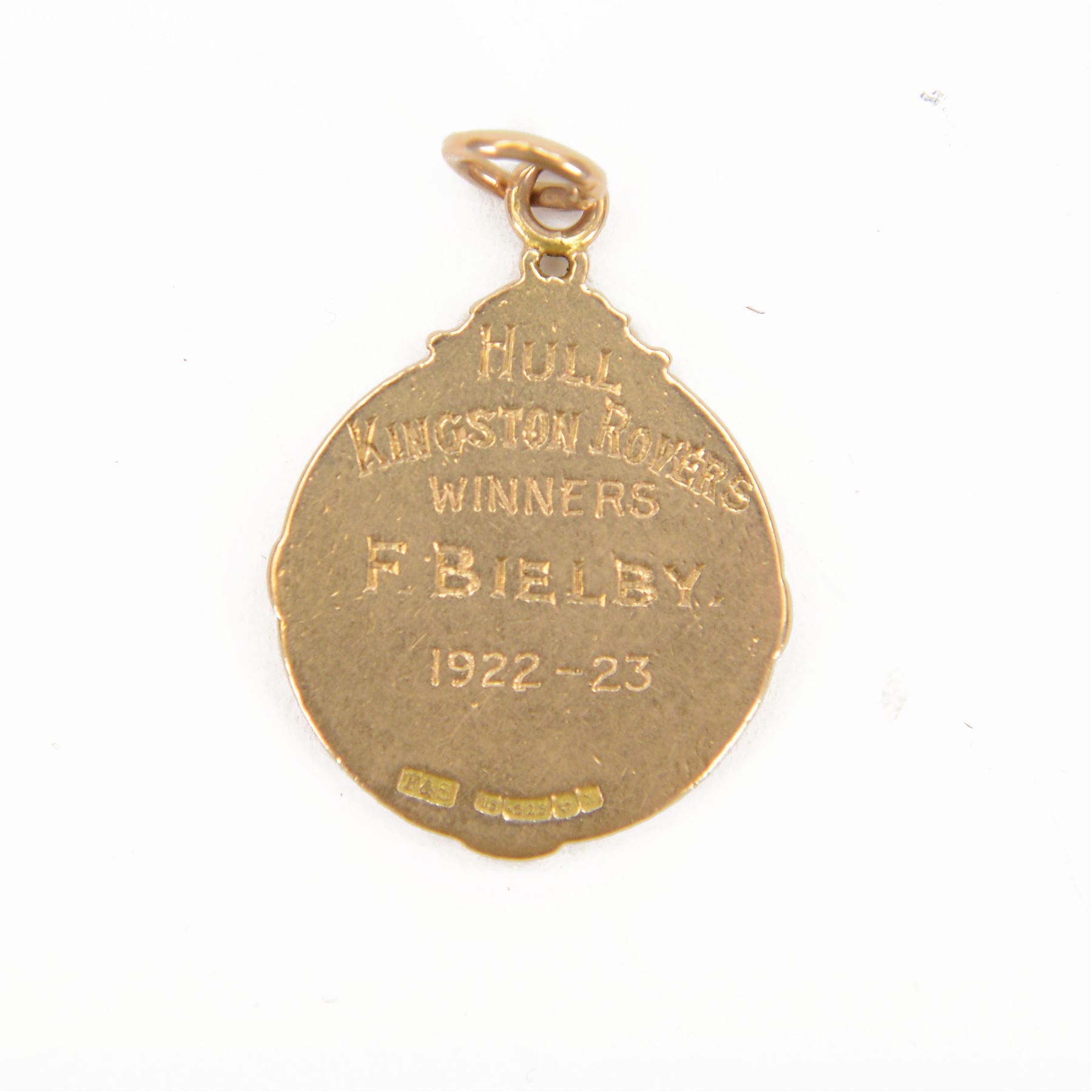 1920s 15ct gold enamelled Northern Rugby Football League medallion, with presentation engraving verso reading 'Hull Kingston Rovers Winners F. Bielby 1922-23', hallmarked Fattorini & Sons Ltd, Birmingham 1922, H3.7cm