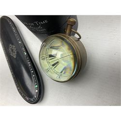 Abalone inlaid black lacquered papier-mâché spectacles case, together with a small modern globe clock (2)