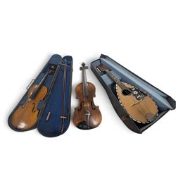 Two violins, including Excelsior example in coffin case and one with spurious William Duke...