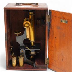 19C Brass Microscope by Watson & Sons, London in a fitted Mahogany case and five glass Chemist bottles