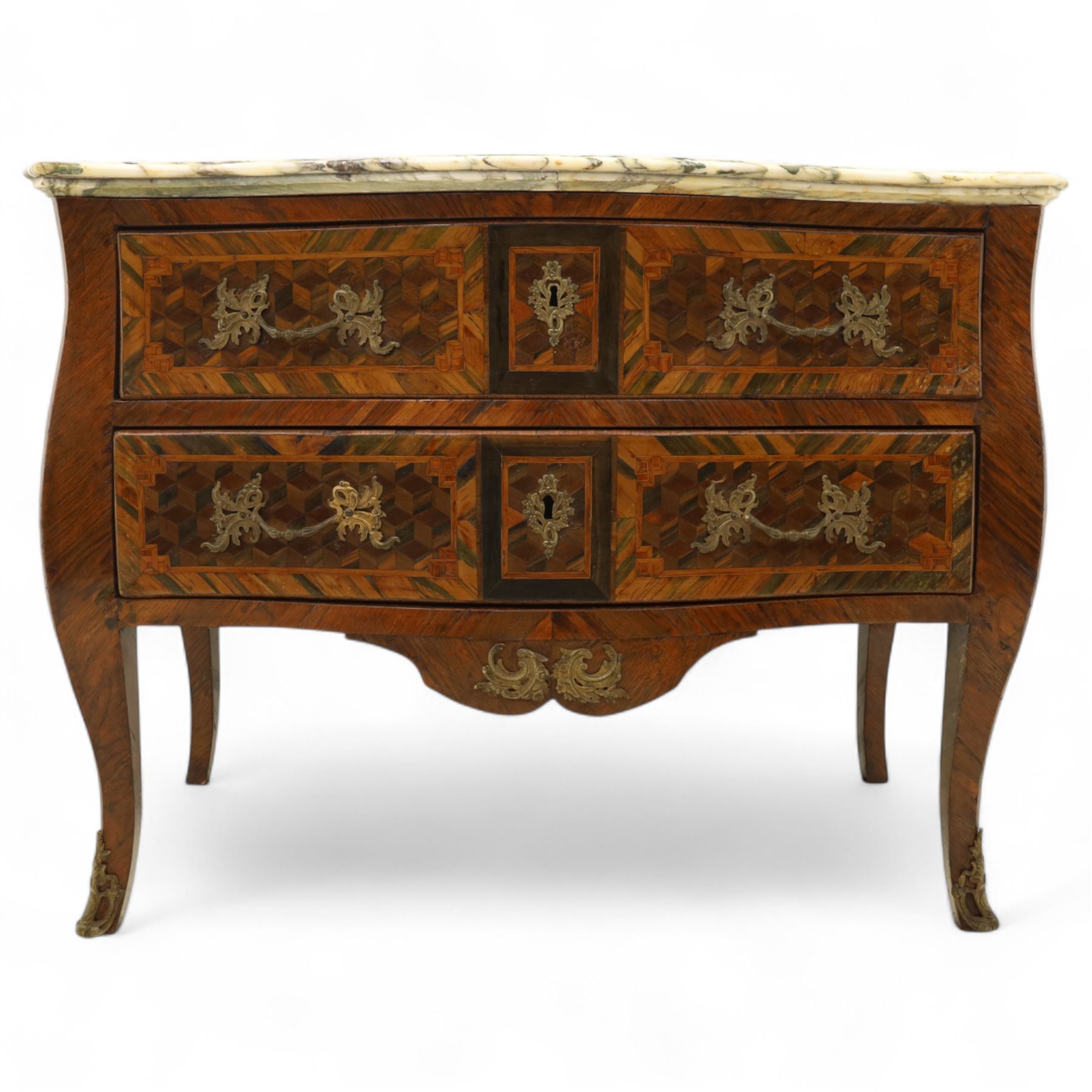 Late 18th-century Louis XV kingwood marquetry commode, rectangular top with original serpentine Breche marble top, above two long crossbanded drawers with rococo style gilt bronze handles and escutcheons in marquetry framed panel in various woods, shaped and centered apron with gilt bronze foliate mounts, sides and drawer fronts with cube geometric marquetry design, on slender cabriole legs with gilt bronze sabots  