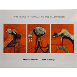  After Francis Bacon (British 1909-1992): 'Three Studies for Figures at the Base of a Crucifixion', original lithograph exhibition poster, Tate Gallery pub. 1994, 59cm x 68cm, 'Piranesi', exhibition poster both framed and 'Tarot' lithograph signed & numbered 53/80 by Hans Droflinger unframed (3)  h  