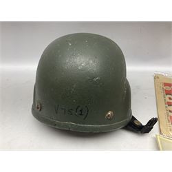 Bakelite cased Megger Insulation tester, by Evershed and Vignoles Ltd, Acton Lane Works, Chiswick, London W4, RW Munro Ltd air speed knots gauge, American green army helmet, The War Illustrated, WW2 aircraft photographic postcards, etc