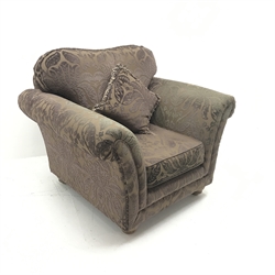 Armchair upholstered in aubergine embossed fabric,  turned supports, W112cm