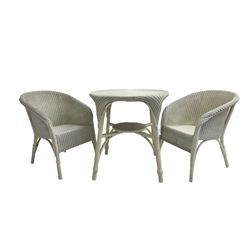  Lloyd Loom - white painted circular table (D69cm, H70cm); and pair of two armchairs (W54cm)