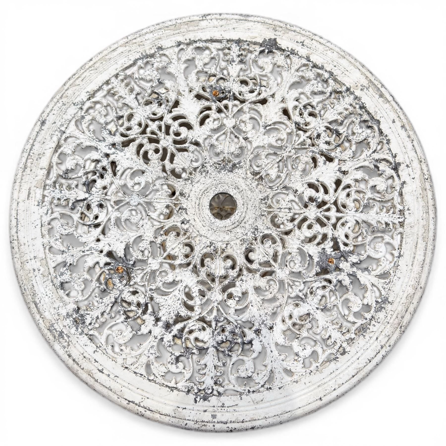 Victorian cast iron white painted garden table with aluminium top and cast iron chairs