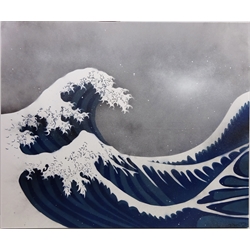  'The Great  Wave', spray canvas after Hokusai indistinctly signed by Damian Perah and dated 2003, 100cm x 121cm and Still Life of Flowers, canvas print 78cm x 118cm both unframed (2)  