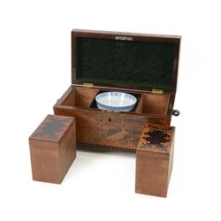 Victorian rosewood inlaid tea caddy, of sarcophagus form with twin ring handles, the interior with two lidded compartments  and later central mixing bowl, upon four bun supports, H32cm