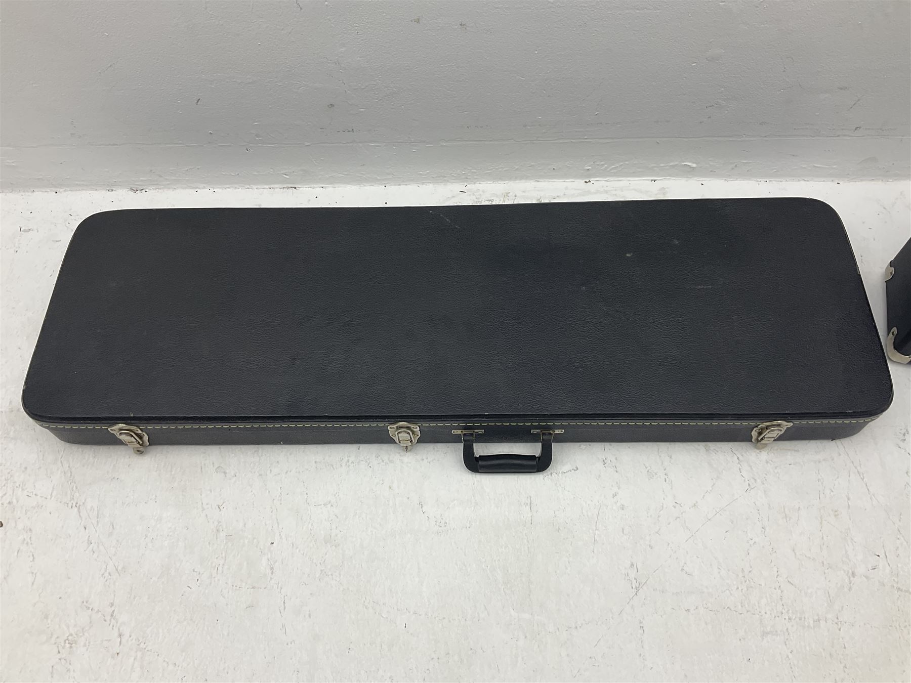 Fender style sunburst electric guitar with manuscript mark 'Zenta Stratocaster 1963' L97cm; in hard carrying case; another similar unmarked sunburst electric guitar; in gig bag; and Fender Frontman Amplifier, serial no.M473406 (3)