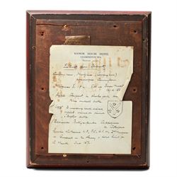 19th century brass coach plate with the arms of Conyngham, inscribed 'Francis Nathaniel 2nd Marquis Conyngham, Knight of St Patrick, Knight Grand Cross of the Hanoverian Guelphic Order', framed and with hand written information to the reverse 26cm x 21cm overall