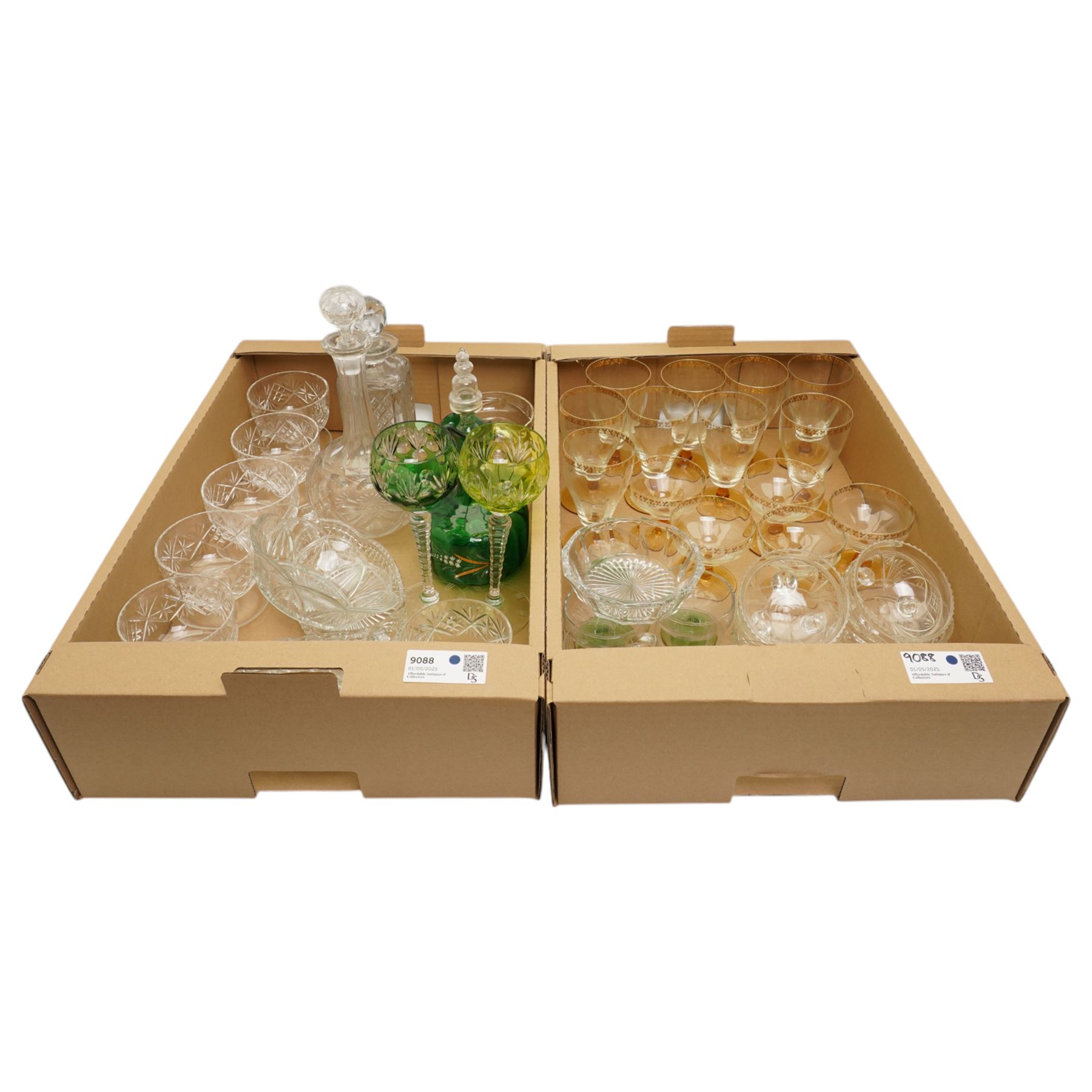 Large collection of glass, including amber stem sherry/liqueur glasses with leaf decoration to rims, green glass examples, decanters etc