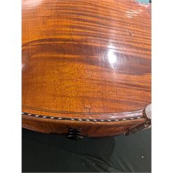 19th century full size European violin, spruce top, figured maple full back and sides, double purfling, in fitted case with two bows.