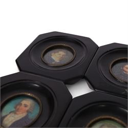 20th century four framed miniatures of gentlemen, in traditional dress, each within a black frame, H13cm