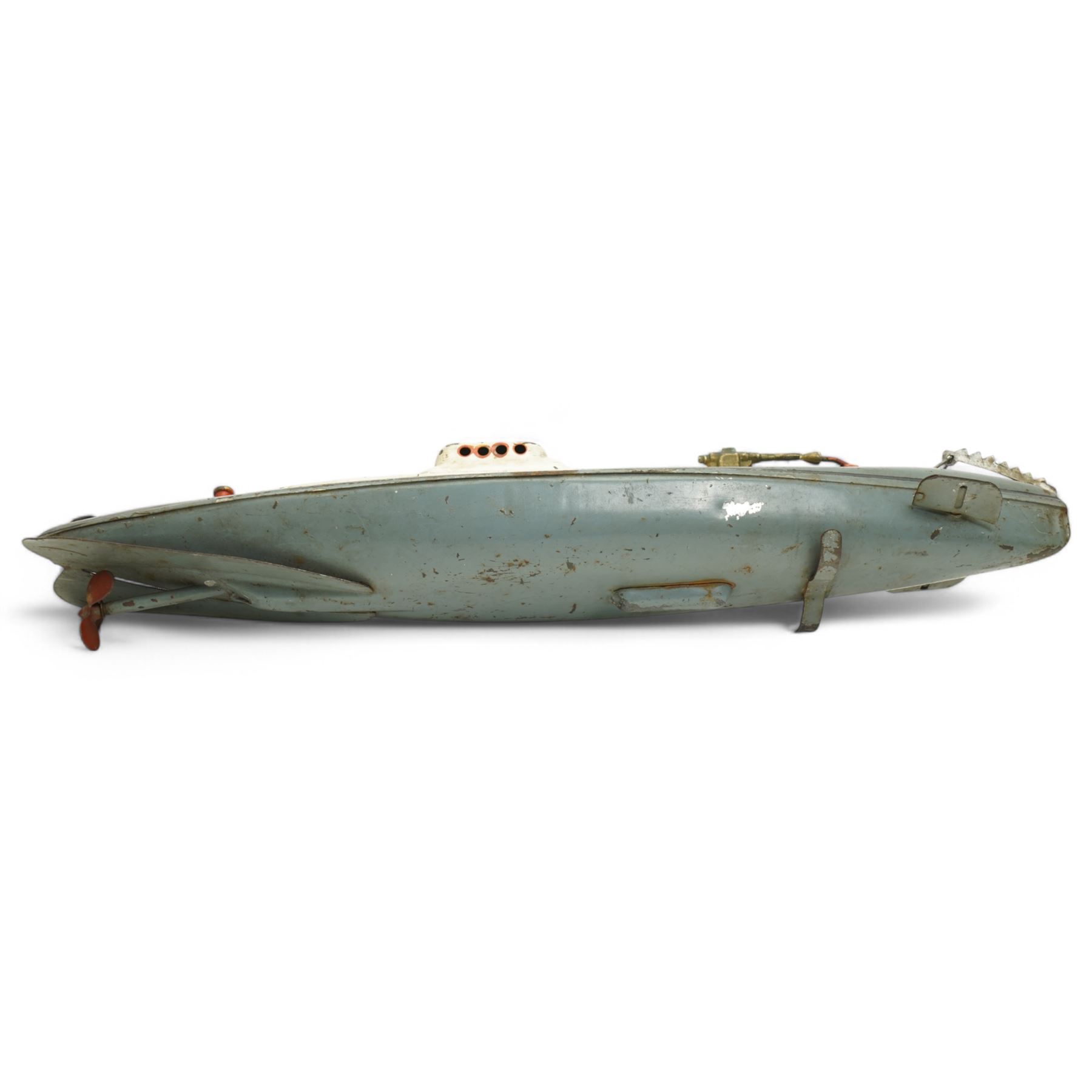 1930s Japanese tinplate submarine by Kuramochi in grey and white L30cm