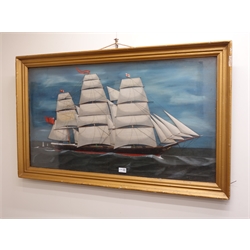  Large late 19th century Diorama of the three masted sailing ship Montgomery Castle of Liverpool, passing a lighthouse under full sail, 54cm x 97cm   