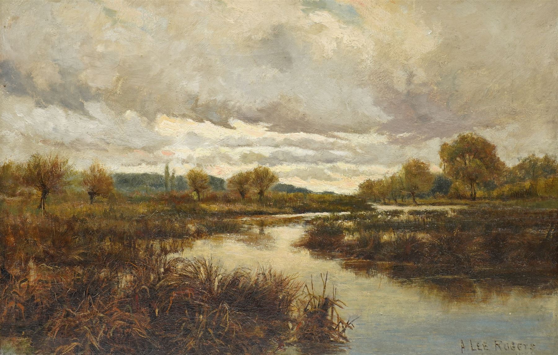 Arthur Lee Rogers (British fl. 1871-1894): Canadian River Landscape, oil on canvas signed and dated 1886, 34cm x 52cm
Notes: Rogers was born in Liverpool. His work was exhibited in and depicted Canada frequently, where he is recorded to have lived for a period of time.