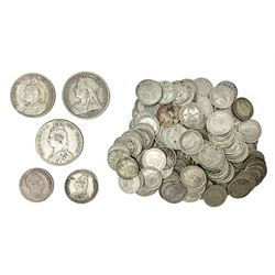 German East Africa 1906 one rupie, Queen Victoria 1889 and 1900 halfcrowns, various pre-1947 Great British silver threepence pieces etc