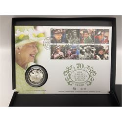 Five The Royal Mint Royal Mail silver proof coin covers, comprising 2021 'HG Wells' with two pounds, 2021 'HM The Queen's 95th Birthday' with five pounds, 2022 'Her Majesty The Queen's Platinum Jubilee 70 Years' with five pounds, 2022 'Her Majesty The Queen's Platinum Jubilee 70 Years' with fifty pence and 2022 '150 Years of The FA Cup' with two pounds, all in Royal Mail card boxes