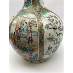 A 19th century Chinese Canton Famille Rose vase, of globular form with tall neck, and cover with finial, decorated with alternating panels of figural scenes, and birds and butterflies amongst blossoming and fruiting trees, with foliate surround against gilt, overall H57cm. 