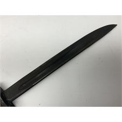 Australian Owen sub-machine gun bayonet, the 25.5cm fullered steel blade marked '53'; in metal bound wooden scabbard marled MA53 L41cm overall