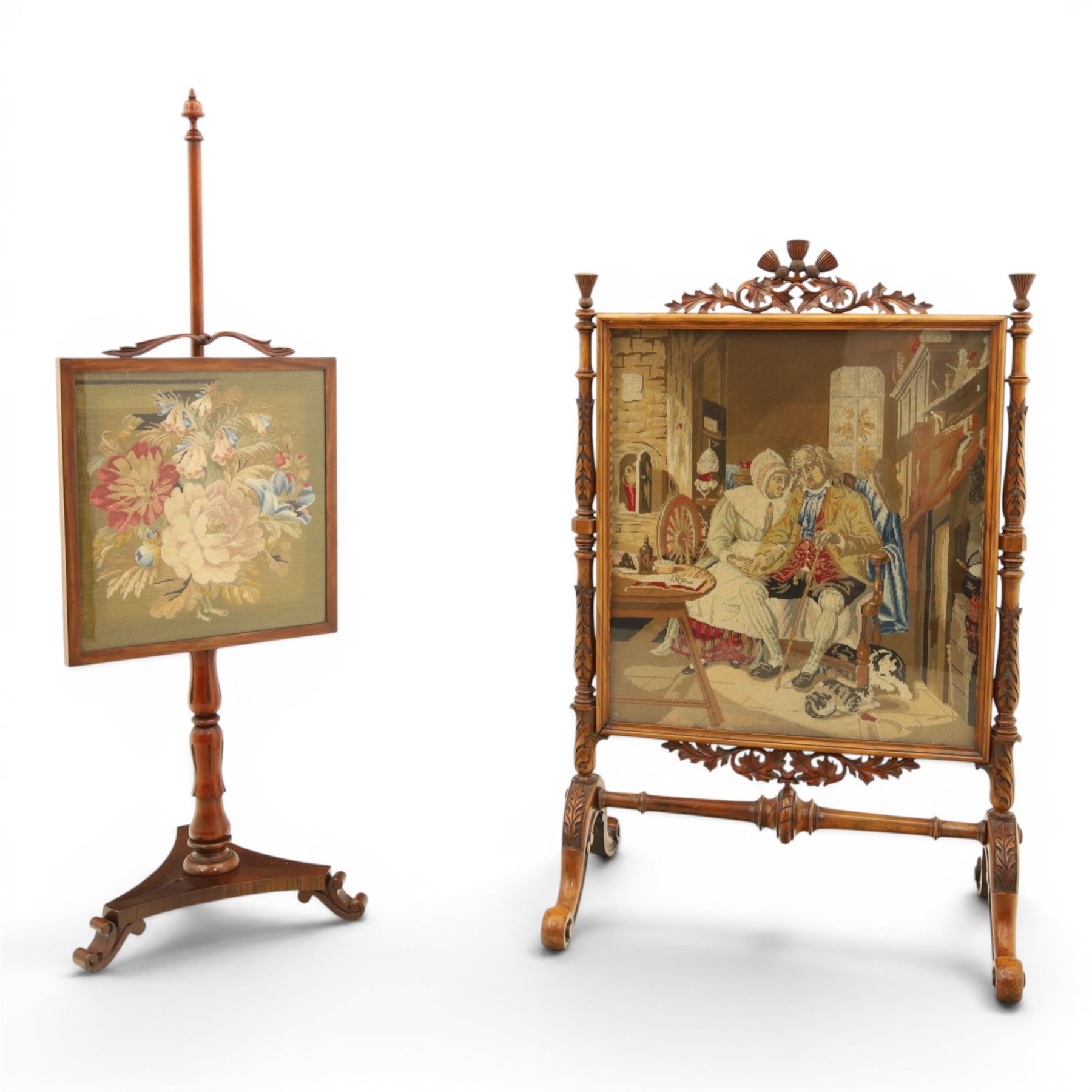 Two Victorian fire screens, comprising mahogany pole screen with glazed floral woolwork panel on turned support and triform base (H 142cm, W 48cm); and a larger carved walnut tapestry fire screen, glazed panel depicting a domestic interior scene, scroll carved cresting, barley twist uprights and turned stretcher base (H 75cm, W 49cm)