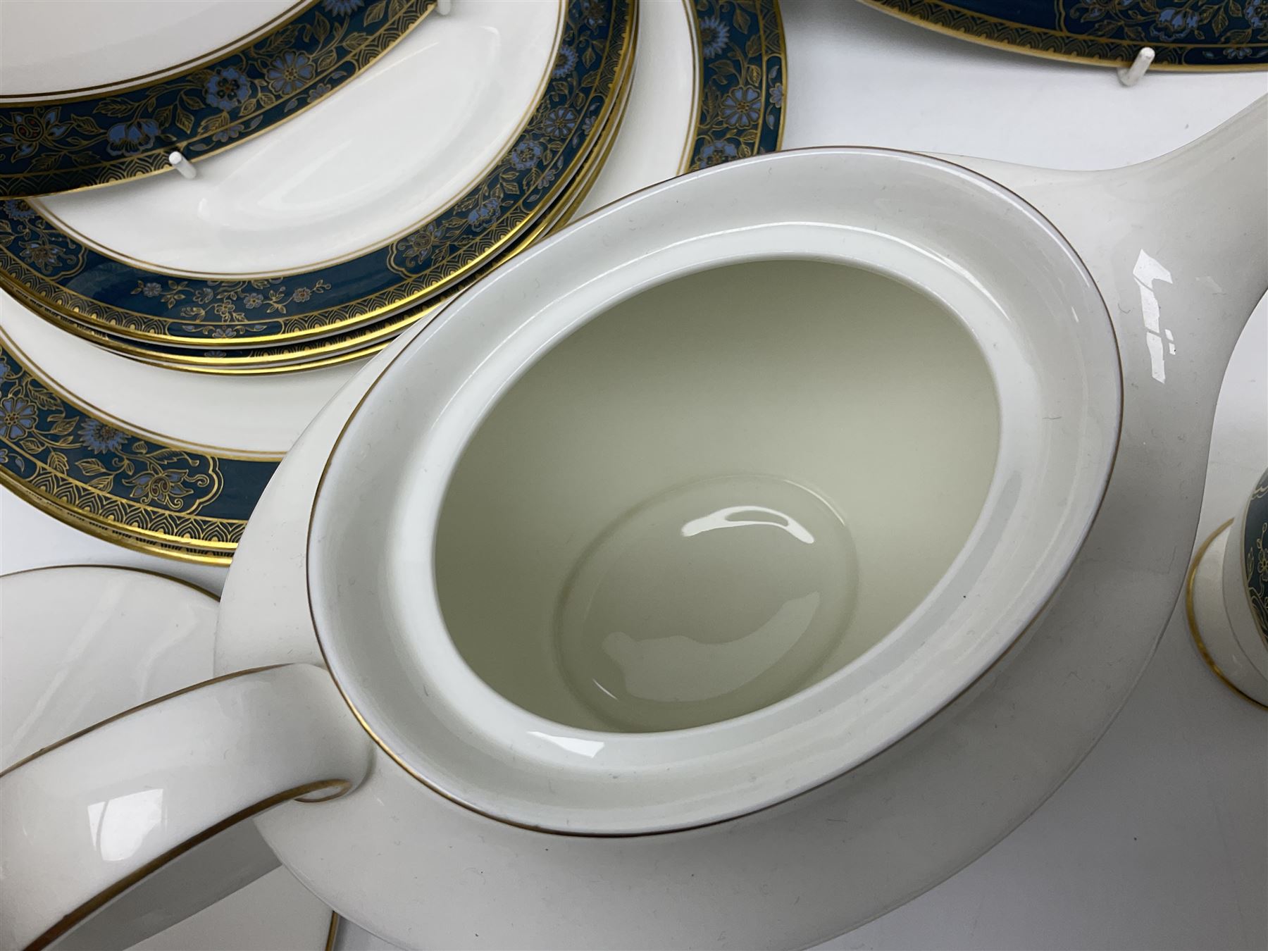 Royal Doulton Carlyle pattern tea and dinner service for six, to include teapot, coffee pot, teacups and saucers, coffee cups and saucers, milk jug, open sucrier, dinner plates, side plates, bowls, soup bowls, to covered dishes etc (64) 