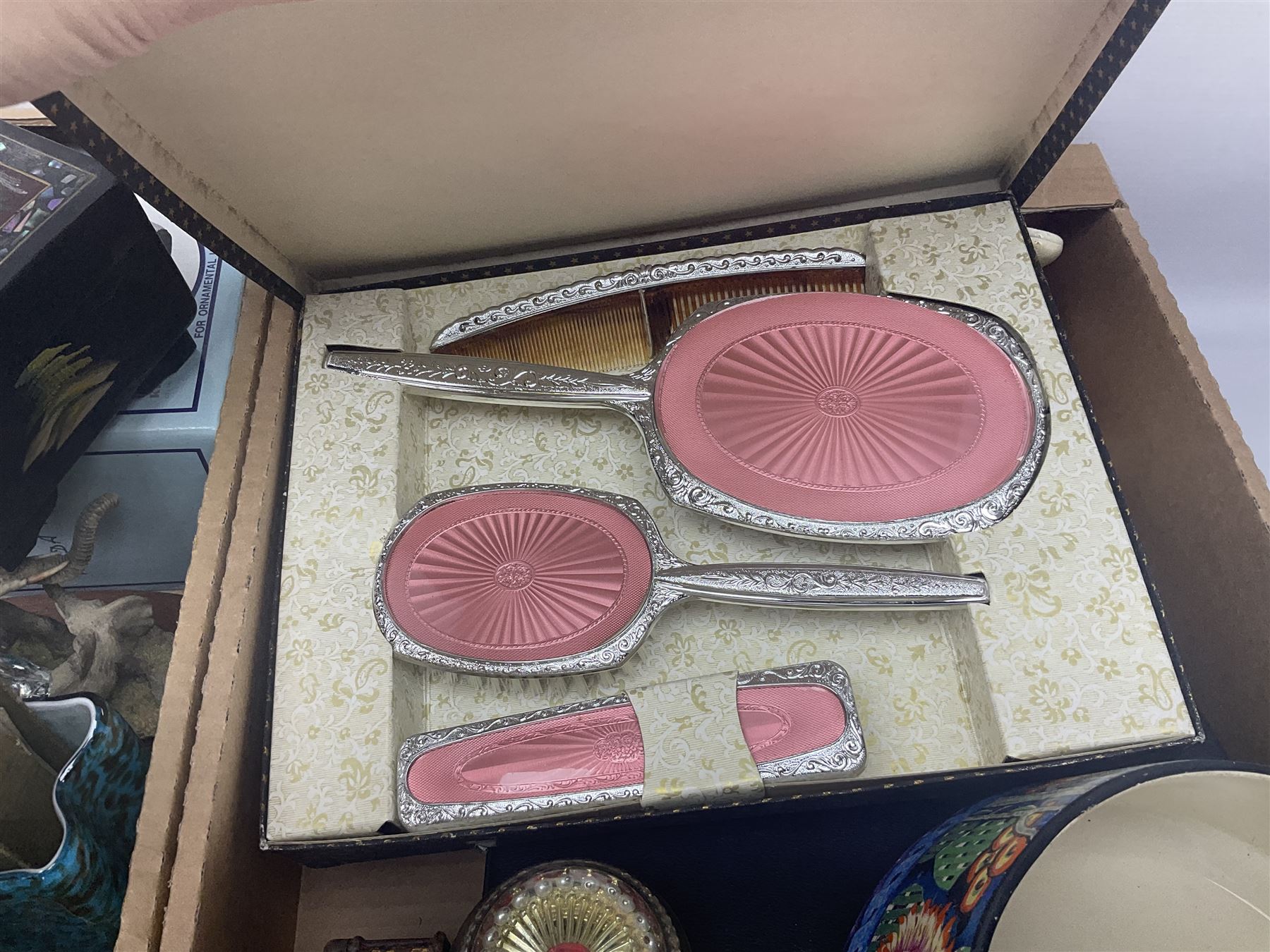 Selection of collectables, to include glass handbags, brass chargers, ceramics etc, in three boxes 