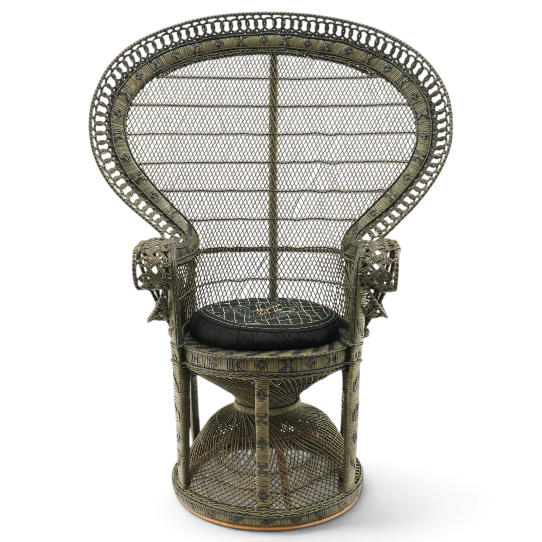 Mid-20th century wicker and rattan Peacock chair in unusual tones of dark olive and black, high fan back with a pieced and woven frame terminating to scrolled arms, with loose seat cushion
