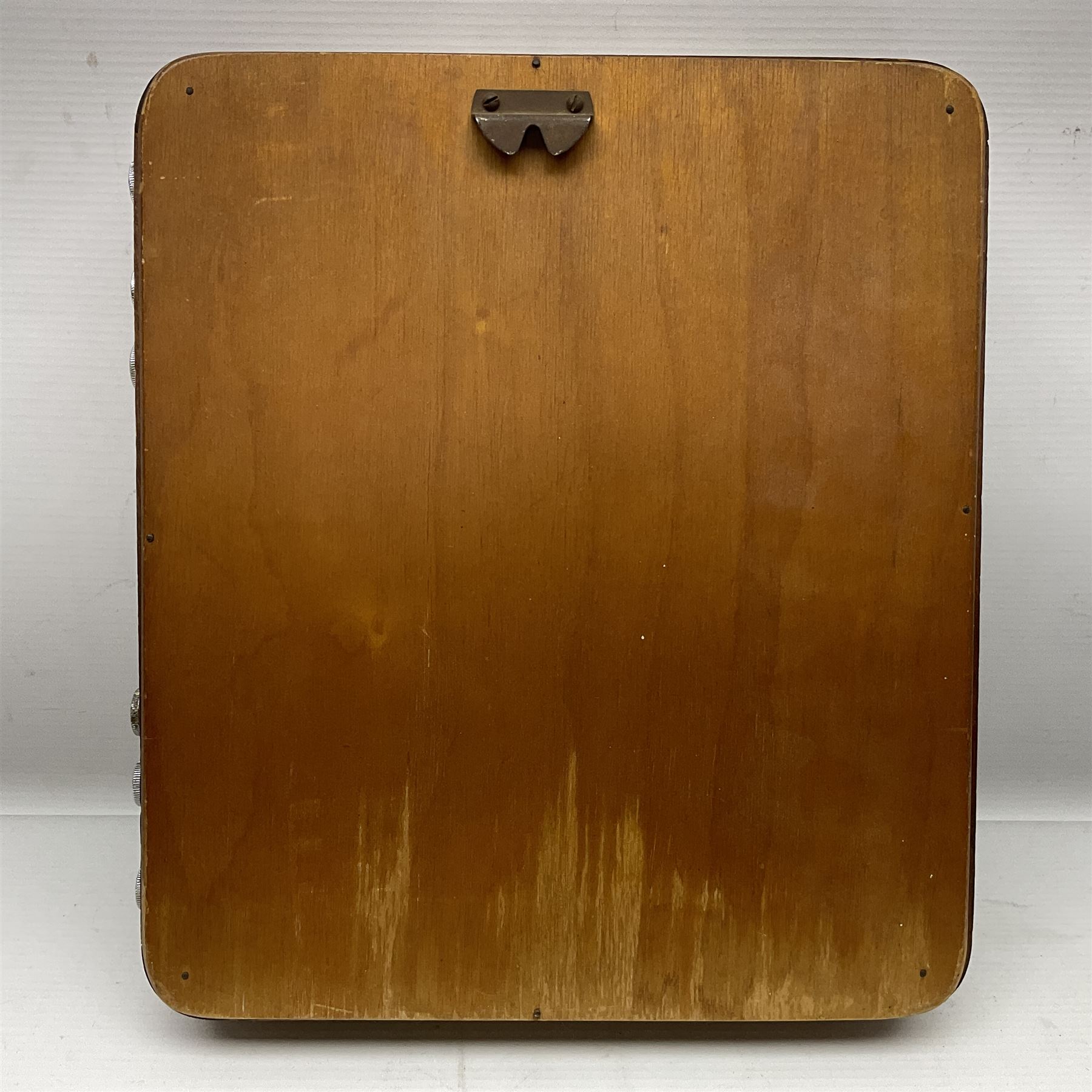 Wooden wall mounted perpetual calendar with printed rollers and chrome plated knobs to side, H30cm W27cm