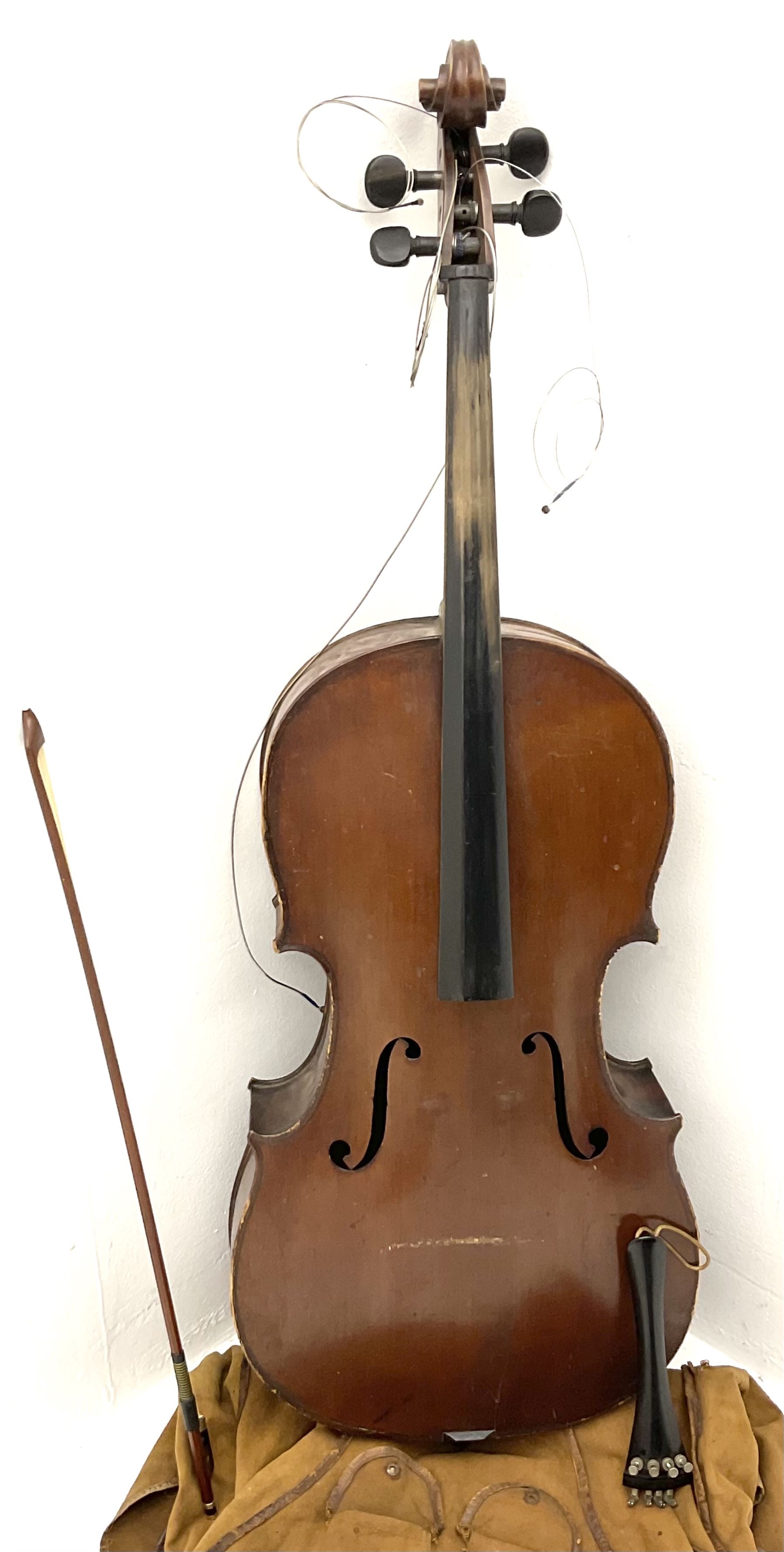German Saxony three-quarter size cello for restoration, c1920, with 69cm two-piece maple back and ribs and two-piece spruce top, L111cm overall; with bow and canvas carrying case