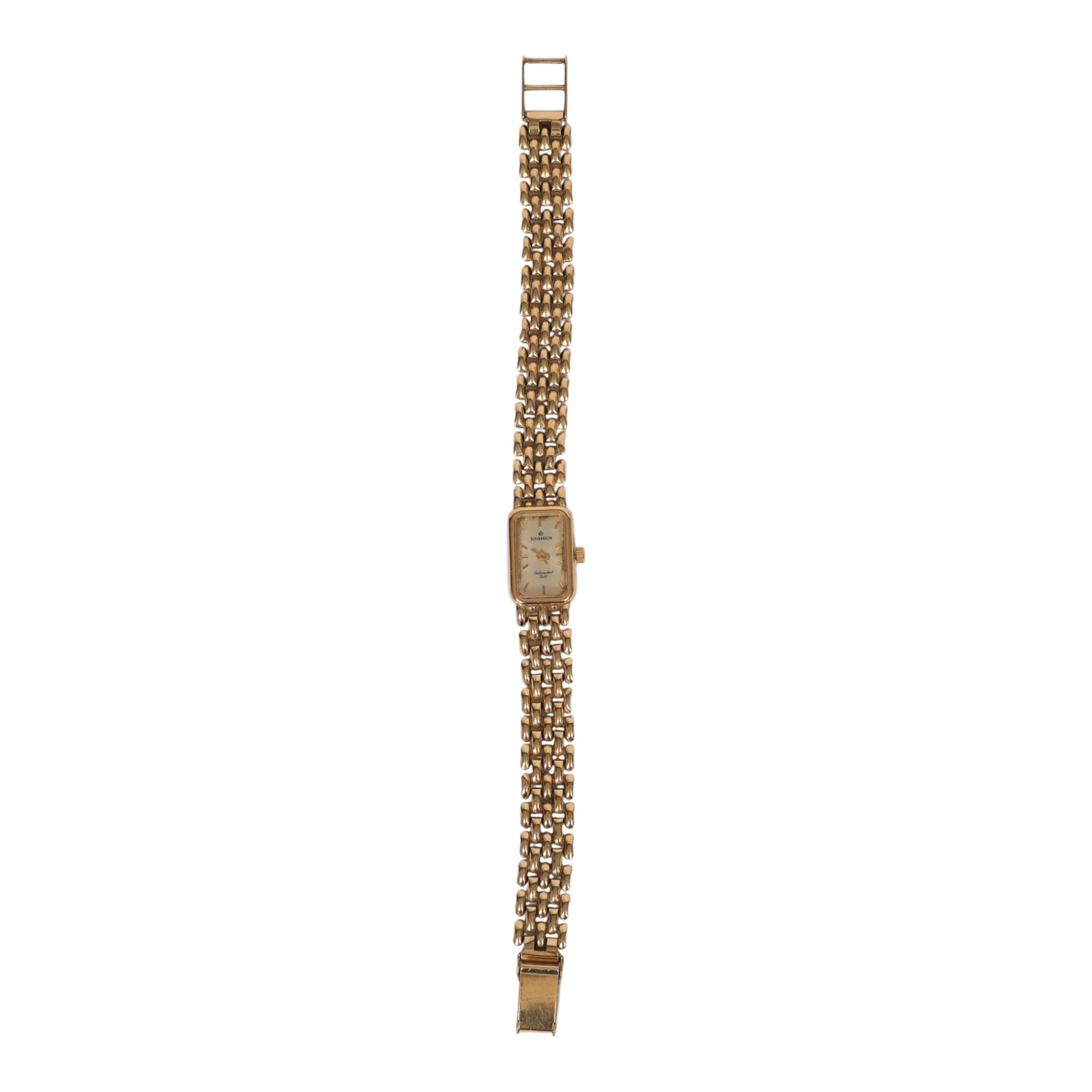 Sovereign ladies 9ct gold quartz wristwatch, on integral 9ct gold bracelet