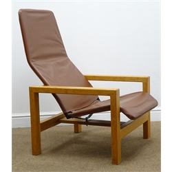  Oak framed chocolate leather armchair, W68cm, H96cm, D70cm  