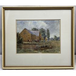 W J Mander (British 20th Century): Tending to the Cows and The Old Stone Bridge, near pair landscape watercolours signed, one signed with initials max 24cm x 30cm (2)