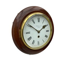 A 20th century wall clock in a mahogany case with a deep wooden bezel, side door and pendulum adjustment door, white 8
