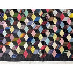 19th Century silk and satin tumbling blocks pattern patchwork quilt with black border 228cm X 196cm